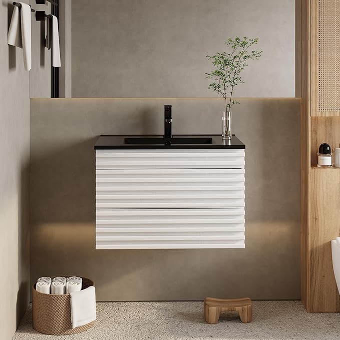eclife 30" Floating Bathroom Vanity with Sink Combo, Mid-Century Wall Mounted Cabinet with Wood Stripes Decor, Drawers, Undermount Single Black Sink, Faucet, Drain, Mixed White