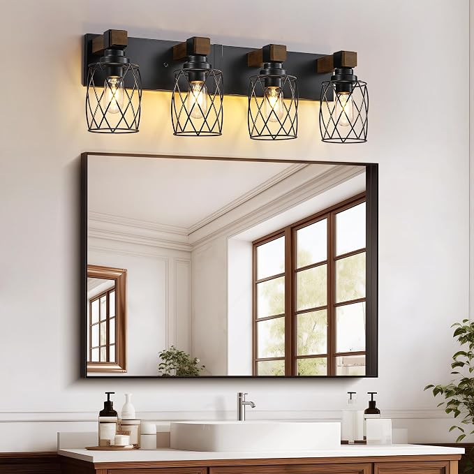 Farmhouse 4-Light Wood Bathroom Vanity Light, Black Metal Cage Shade | Mounted Over Mirror, Industrial Rustic Style, Ideal for Bathroom, Bedroom, Hallway & Living Room, Easy To Install