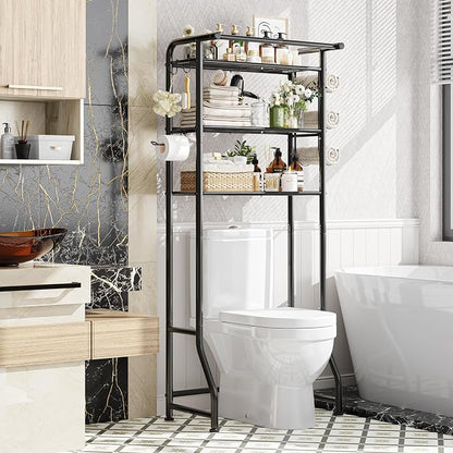 Simple Trending Over The Toilet Storage Cabinet, Metal Bathroom Shelf Organizer with Paper Holder and Hooks, 3 Tier, Black