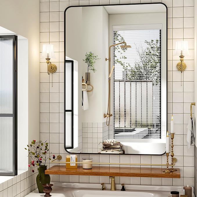 Easly 30 x 48 Inch Bathroom Mirror, Rounded Rectangular Vanity Mirror for Wall, Modern Mirror for Room Decor, Black Framed Wall-Mounted Mirrors for Home Decor, Hangs Horizontally or Vertically