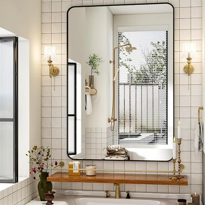 Easly 30 x 48 Inch Bathroom Mirror, Rounded Rectangular Vanity Mirror for Wall, Modern Mirror for Room Decor, Black Framed Wall-Mounted Mirrors for Home Decor, Hangs Horizontally or Vertically