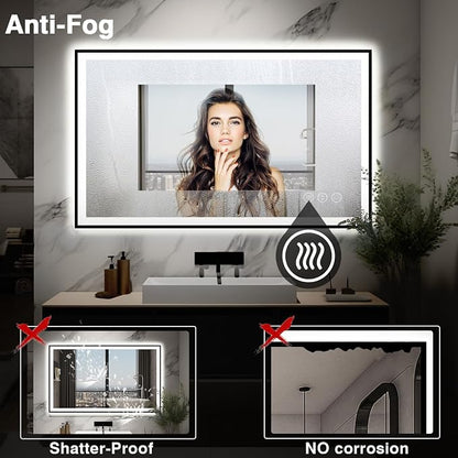 EchosLife 48x30 LED Bathroom Mirror - Black Aluminum Framed | Black Frame, Front and Backlit, Anti-Fog, Stepless Dimmable, 3 Colors, Memory, Tempered Glass, UL Listed, Horizontal/Vertical