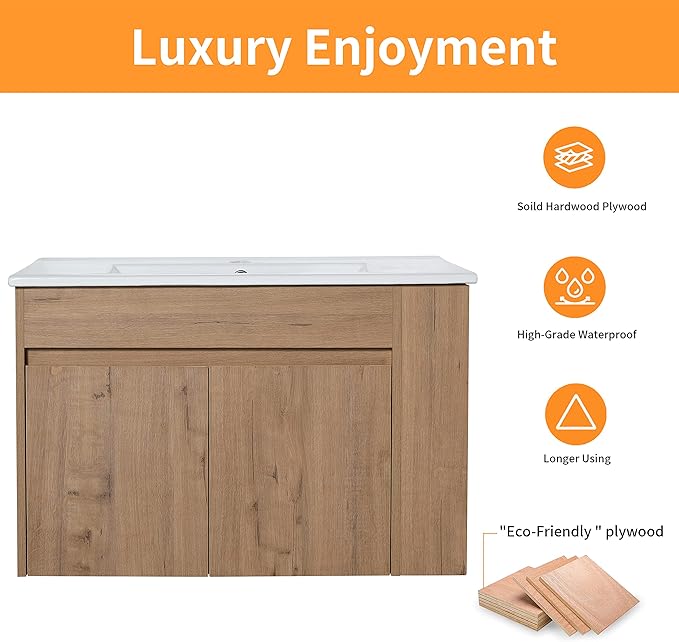 30 in Wall-Mounted Bathroom Vanity with Sink Combo, Modern Floating Bathroom Vanity Set with Ceramic Top Basin and 2 Door&Adjustable Shelf for Small Space, Brown
