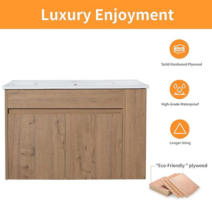 30 in Wall-Mounted Bathroom Vanity with Sink Combo, Modern Floating Bathroom Vanity Set with Ceramic Top Basin and 2 Door&Adjustable Shelf for Small Space, Brown