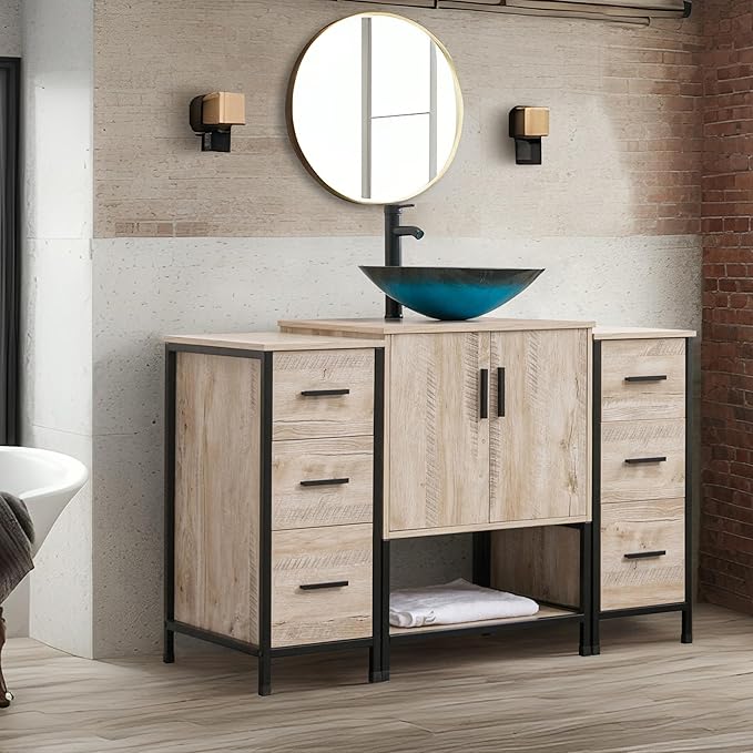 UEV 48" Bathroom Vanity,Oak Color Bathroom Vanity Set with Sink and 3 Drawers Side Cabinet Combo,with Adjustable Water Temperature Faucet (A10)