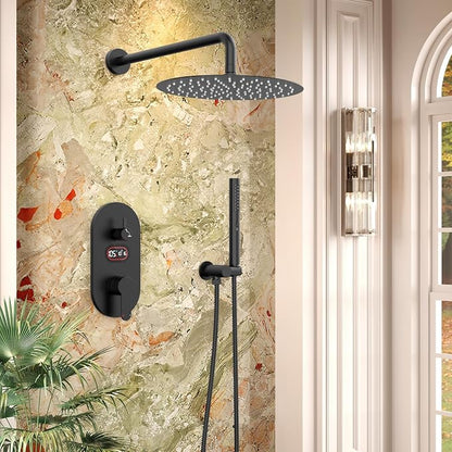 Longriver Round Shower Faucet Set with Hydro Power Temperature Display | Shower System 12" Shower Head with Handheld Spray, Wall Mounted Shower Fixtures with Shower Valve and Trim Kit, Matte Black