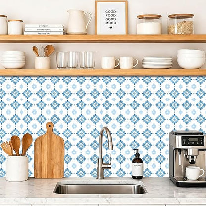 Blue White Floral Geometric Peel and Stick Floor Tiles 12x12 Inch 10PCS | Blue white floral geometric tile pattern vinyl floor stickers for kitchen bathroom entryway and indoor home decor