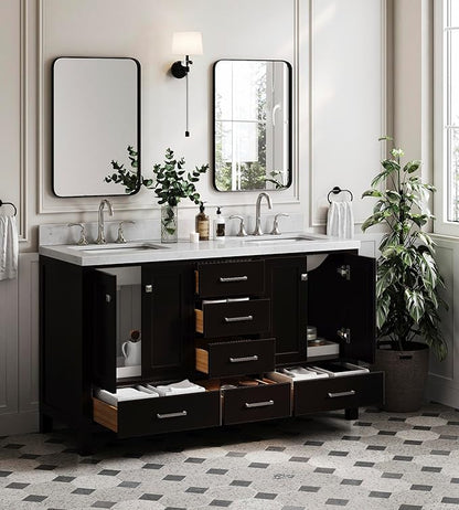 ARIEL Cambridge 60-inch Bathroom Vanity with Sink,Solid Wood, 1.5-inch Carrara White Quartz Countertop, Double Rectangular Porcelain Sink, 4 Soft Closing Doors, 6 Dovetail Drawers, Espresso