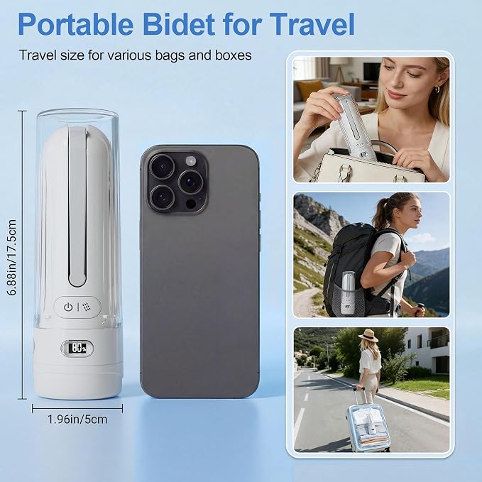 Electric Portable Bidet Toilet Aids Wiper Tool Set, White | 2-in-1 travel hygiene kit 15.7" extended length wiping tools 1600mAh Long-lasting Battery USB-C Rechargable IPX7 Waterproof
