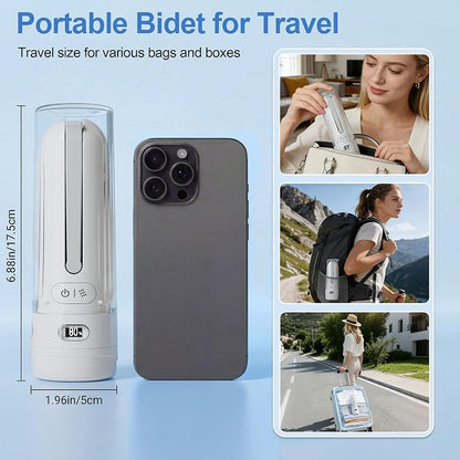 Electric Portable Bidet Toilet Aids Wiper Tool Set, White | 2-in-1 travel hygiene kit 15.7" extended length wiping tools 1600mAh Long-lasting Battery USB-C Rechargable IPX7 Waterproof