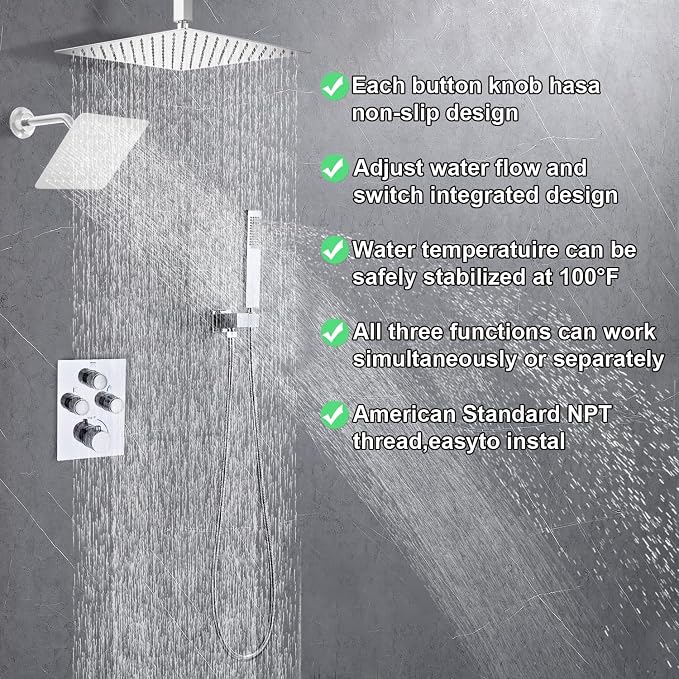 Dual Shower Heads Shower System with 16" Ceiling Mounted Rain Shower Head & 6" Wall Mounted Head Full Body Shower System 3 Way Thermostatic Shower Valve, Polished Chrome