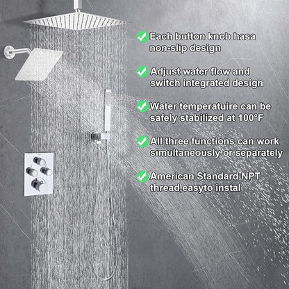 Dual Shower Heads Shower System with 16" Ceiling Mounted Rain Shower Head & 6" Wall Mounted Head Full Body Shower System 3 Way Thermostatic Shower Valve, Polished Chrome