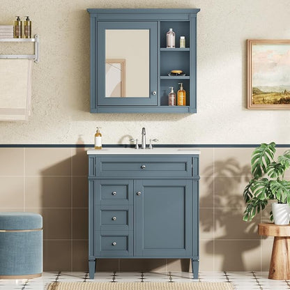 Merax 30 Inch Bathroom Vanity with Sink Set, Modern Bathroom Vanity Storage Cabinet with Matching Mirror Medicine Cabinet, Solid Wood Frame，Painted Finish, 2 Drawers and 1 Tip-Out Drawer, Indigo
