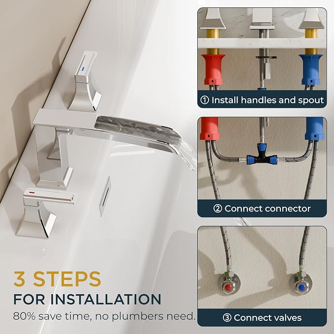 FORIOUS Roman Bathtub Faucet 3 Hole Deck Mount with 2 Handle Chrome | Tub Faucet for 3-Hole Set, 6-12" Centered Distance, Widespread Garden Bath Tub, Waterfall Spout, High Flow, Brass