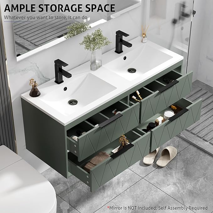 eclife 48" Bathroom Vanities Cabinet with Sink Combo, Wall Mounted Floating Cabinet W/Decor Line, Soft-Close System, 4 Extra Big Drawers, Matte Black Faucet, Gray Green