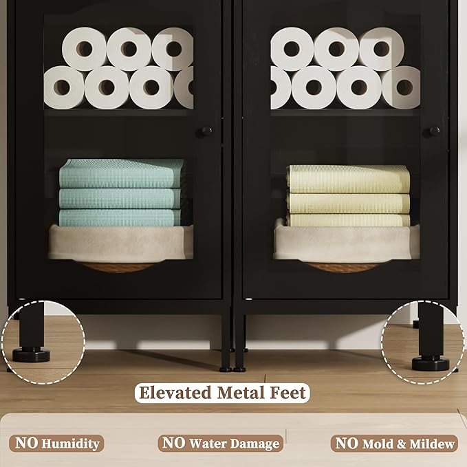 66.4" Tall Bathroom Storage Cabinet with Adjustable Shelves and Glass Doors, Anti-Tipping Narrow Cabinet, Linen Cabinet for Bathroom, Kitchen, Living Room, Black