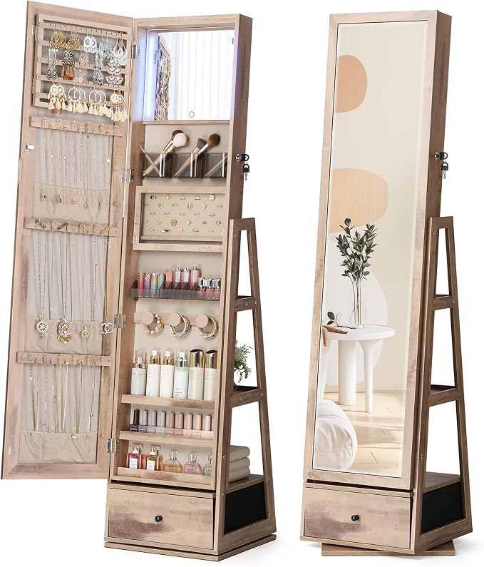 Nicetree 360° Swivel Jewelry Cabinet with Lights, Full Length Mirror, Oak | Standing Mirror Jewelry Cabinet, Lockable Mirror with Storage, Lighted Interior Mirror, Rear Shelves, Flip-over Shelf