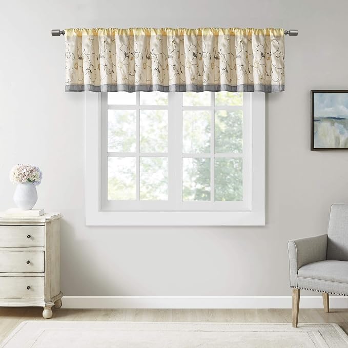 Madison Park Embroidered Window Valance, 50"x18", Yellow | Light Filtering Rod Pocket Window Treatment Curtain, Window Panel Drape for Bedroom Living Room and Dorm