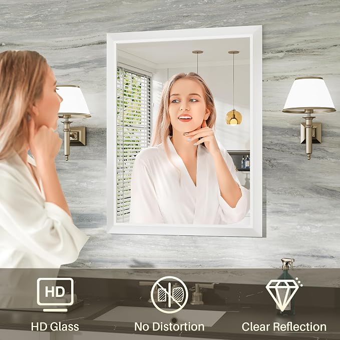 Bathroom Wall Mirror, White Metal Frame, 24x32 Inch | Anti-rust, HD tempered glass, for bathroom vanity, bedroom, living room, horizontal or vertical mount