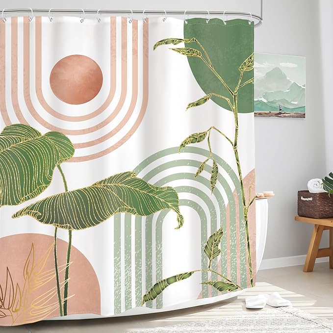 Glawry Pink and Green Boho Shower Curtain Abstract Mid Century Palm Tree Leaves Bathroom Minimalist Tropical Modern 60Wx72L Inches Bath Accessories Art Home Decor Fabric 12 Pack Hook