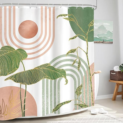 Glawry Pink and Green Boho Shower Curtain Abstract Mid Century Palm Tree Leaves Bathroom Minimalist Tropical Modern 60Wx72L Inches Bath Accessories Art Home Decor Fabric 12 Pack Hook