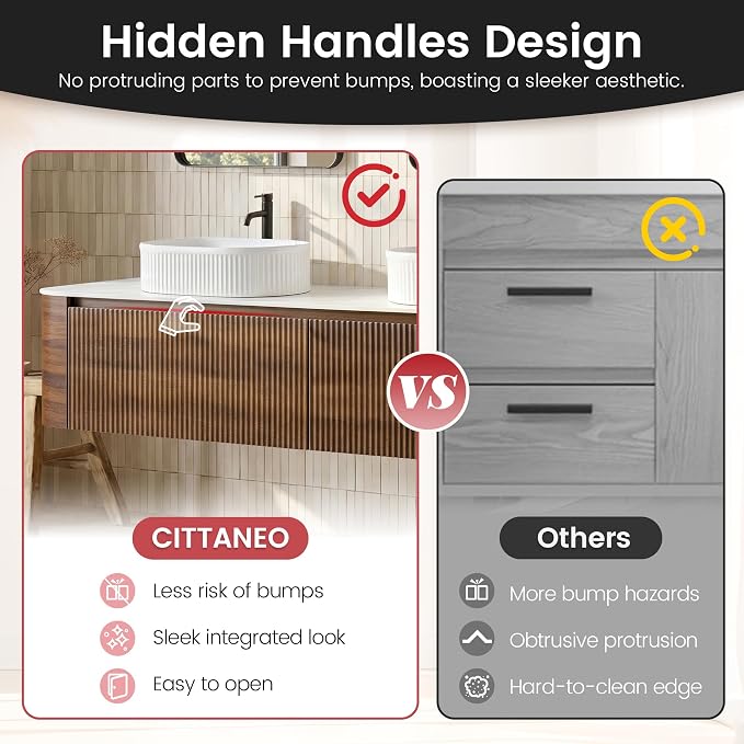 72" Floating Bathroom Vanity with Double White Sink, Walnut | Pre-Assembled Fluted Wall Mounted Vanity with Sintered Stone Countertop, Rounded Edges, Soft-Close Drawers & Towel Rack