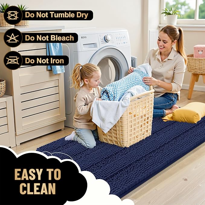 OLANLY Thick Bathroom Rugs 30x20, Chenille Bath Rugs, Twilight Sapphire | Rubber Backing, Machine Wash, Extra Absorbent Striped Bath Mats for Bathroom Floor, Tub and Shower, Home Decor Accessories
