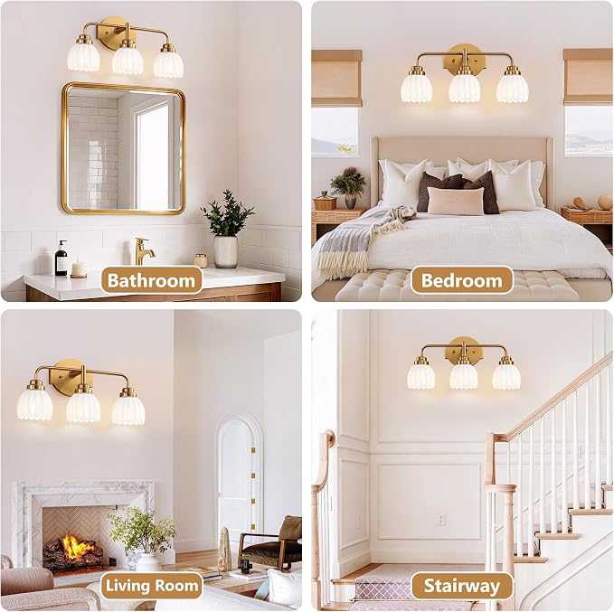 maesta Gold Broom Light Fixture,3 Light Vintage Vanity Light Over Mirror | Vintage Vanity Light, Brushed Gold Metal & Milk White Glass Shades, Anti-Rust, Easy to Install for Bathroom Hallway Bedroom