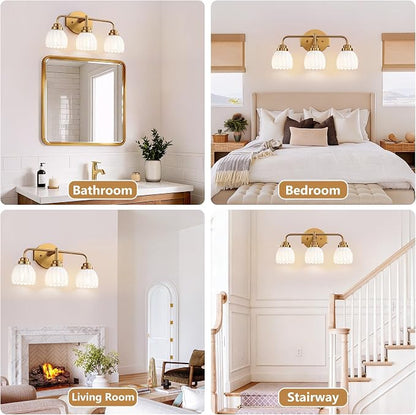 maesta Gold Broom Light Fixture,3 Light Vintage Vanity Light Over Mirror | Vintage Vanity Light, Brushed Gold Metal & Milk White Glass Shades, Anti-Rust, Easy to Install for Bathroom Hallway Bedroom
