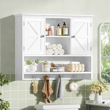 Bathroom Wall Cabinet with Doors and Hooks, 3-Tier Wall Mounted Cabinet | Farmhouse Medicine Cabinet with 3 Open Shelves, Over the Toilet Storage Cabinet for Kitchen, Laundry Room, Living Room, White