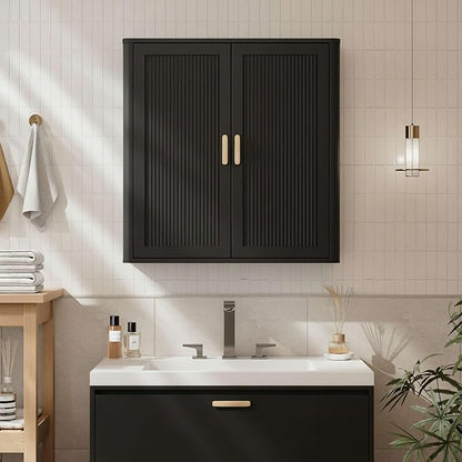 INNOD Bathroom Storage Cabinet, Over The Toilet Storage Cabinet, Medicine Cabinet with Adjustable Wood Shelf & Doors for Laundry Room & Kitchen & Living Room(Black)
