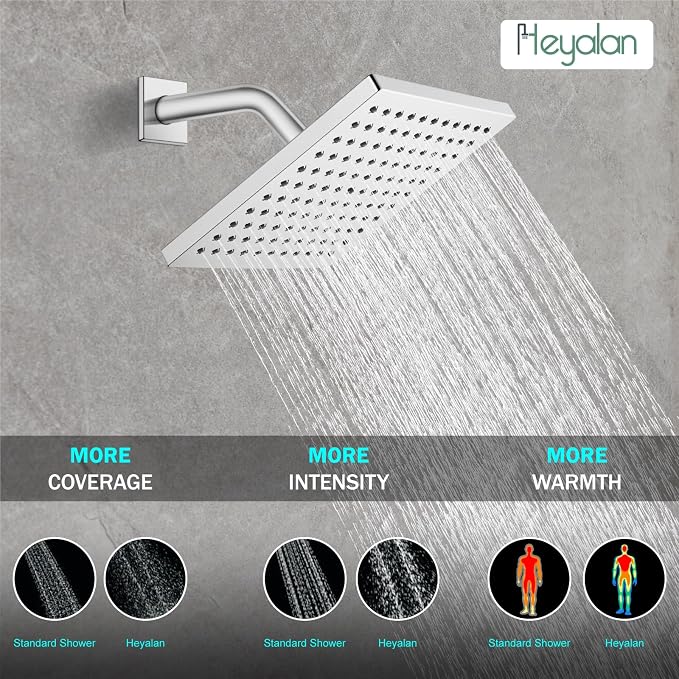 Heyalan 8-Inch Shower Faucet Set with Tub Spout and Valve, Polished Chrome | 8-inch square rainfall head, tub spout with diverter, male-thread rough-in valve, single-handle control and wall-mount design