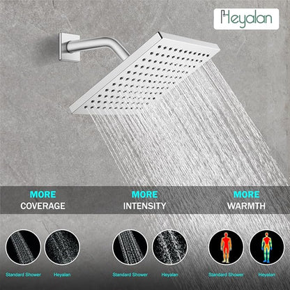 Heyalan 8-Inch Shower Faucet Set with Tub Spout and Valve, Polished Chrome | 8-inch square rainfall head, tub spout with diverter, male-thread rough-in valve, single-handle control and wall-mount design