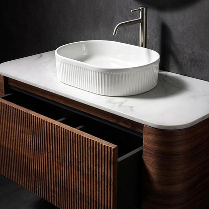 48" Preassembled Floating Bathroom Vanity with White Sink, Walnut | Mid-Century Modern Style, Fluted & Soft-Close Drawer with U-shaped Wall, Sinterted Stone Countertop, Towel Rack Included