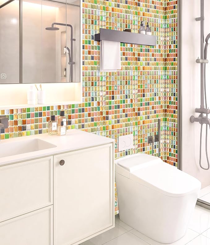 3D Mosaic Tile Sticker Removable Wallpaper Tile, 3D Self Adhesive Wall Tiles Bathroom Wall Tiles for Kitchen Backsplash Sunny Yellow,PVC Square Decorative Vinyl Decals,4 Sheets