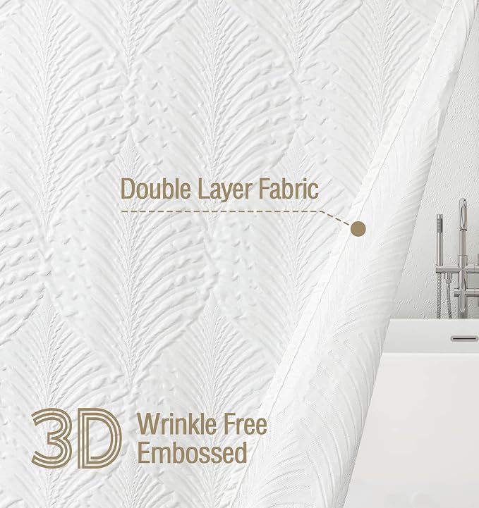 White Shower Curtain for Bathroom, Farmhouse Bath Curtain 72x72 | White Shower Curtain for Bathroom, 3D Leaf Embossed Textured Fabric Shower Curtain, Modern Farmhouse Bathroom Decor,
