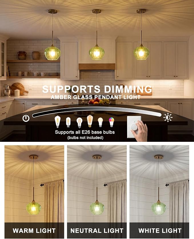 Green Glass Pendant Lights Kitchen Island, 7.7" Vintage Pendant Lighting with Brushed Gold Adjustable Hanging Light Fixtures for Kitchen, Dining Room, Sink, Bathroom