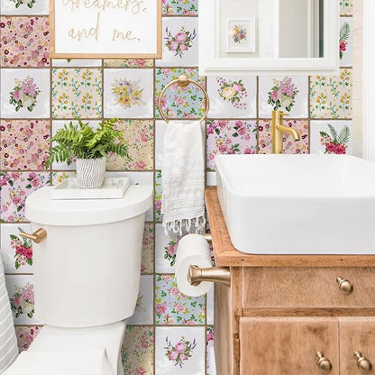Alwayspon Vinyl Sticker Peel and Stick, Self-Adhesive Wall Tile Transfers Backsplash Sticker Decal for Kitchen Bathroom, 6x6inch/15x15cm 10Pcs, Floral Painting T038