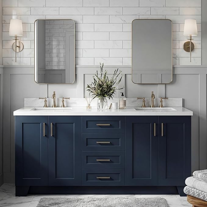 DKB Emilia 72 Inch Bathroom Vanity Double Sink — Midnight Blue Bathroom Vanity with Sink, 1.5" Edge Italian Carrara Marble Countertop & Backsplash, 4 Soft-Close Doors, and 6 Dovetail Drawers