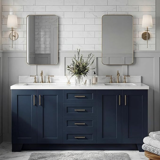 DKB Emilia 72 Inch Bathroom Vanity Double Sink — Midnight Blue Bathroom Vanity with Sink, 1.5" Edge Italian Carrara Marble Countertop & Backsplash, 4 Soft-Close Doors, and 6 Dovetail Drawers