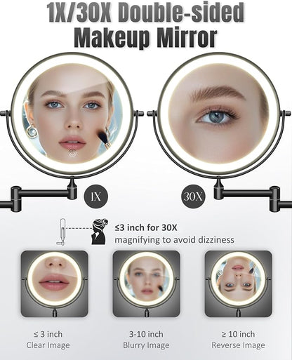 30X/1X 8 Inch Wall Mounted Magnifying Makeup Mirror with Light for Bathroom | 3500mAh Double Sided Rechargeable LED Lighted Vanity Mirror with Magnification 3 Color Light up Extended Arm 360 Rotation