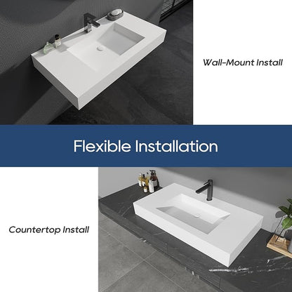 SJ Star&Jane 35" x 19" in Solid Surface Bathroom Sink, Wall-Mount or Countertop Vessel Sink, Rectangle Floating Vanity Sink, Pre-installed Faucet Holes, Durable Modern Design