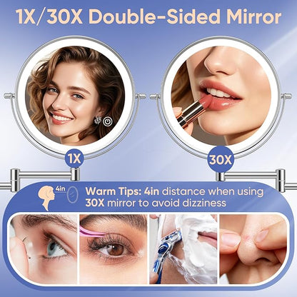 FUNTOUCH 9" Rechargeable Wall Mounted Makeup Mirror with Lights 1X/30X | 5000mAh Double Sided Magnifying Mirror with Dimmable 3 Color Light, Extended Arm 360° Wall Mount Bathroom Mirror-Chrome