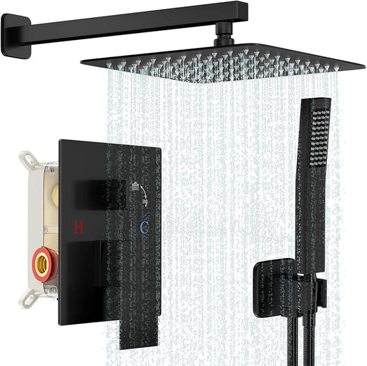 Black Shower System, Shower Faucet Set Bathroom Square Rain Shower Head and Handle Set, Wall Mounted Shower Fixtures With Shower Valve and Trim Kit 12 inch Matte Black
