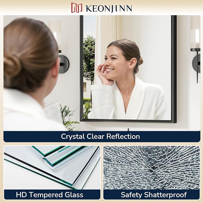 Keonjinn 40 x 30 Inch Black Bathroom Mirrors for Over Sink, Metal Frame | Rectangular Mirrors for Wall, Beveled Framed Design, Rustic Bathroom Vanity Mirror, Safety HD Tempered Glass, Square Corner