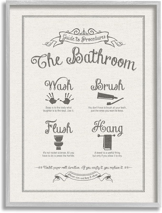 Stupell Industries 'Guide to Bathroom Procedures Linen Look', Framed Giclee Art, Gray, 24 x 30 Inches, Easy to Hang and Sturdy, Made in USA, by Lettered and Lined