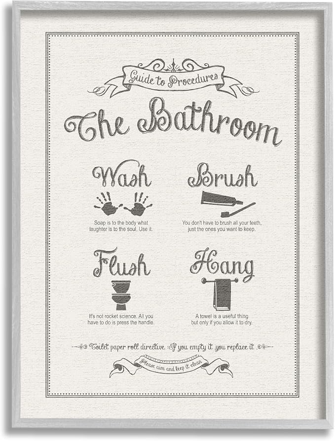 Stupell Industries 'Guide to Bathroom Procedures Linen Look', Framed Giclee Art, Gray, 16 x 20 Inches, Easy to Hang and Sturdy, Made in USA, by Lettered and Lined