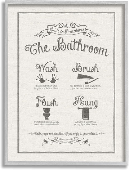 Stupell Industries 'Guide to Bathroom Procedures Linen Look', Framed Giclee Art, Gray, 11 x 14 Inches, Easy to Hang and Sturdy, Made in USA, by Lettered and Lined