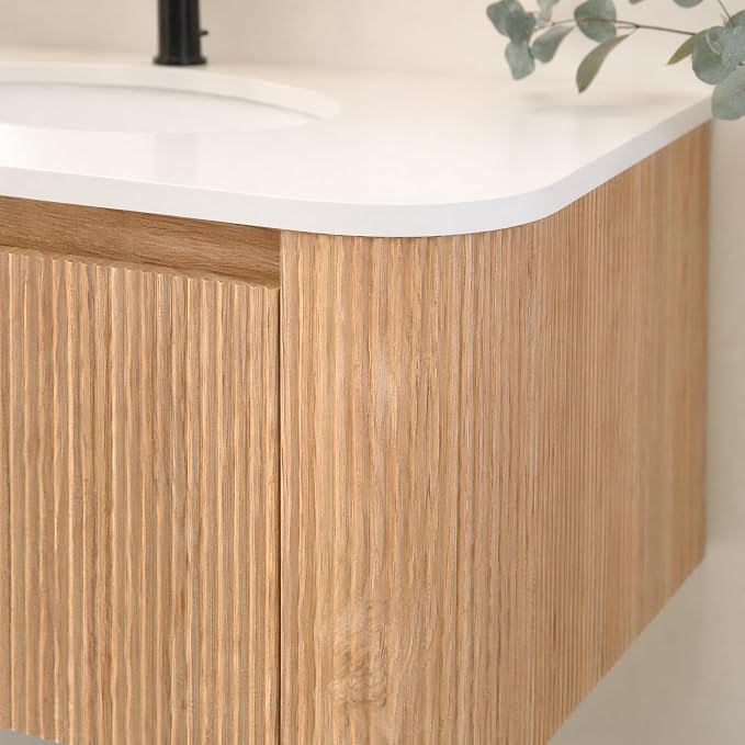30 Inch Wall Mounted Bathroom Vanity with Ceramic Sink, Pre-Assembled Floating Vanity Cabinet with Marble Countertop, Wave Texture Finish & Drawer, Wood