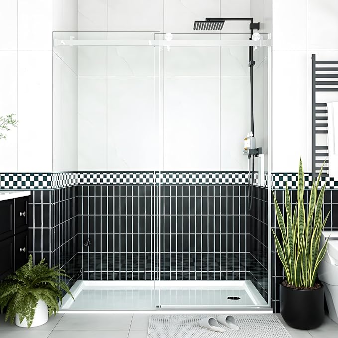 Sliding Shower Door 44–48 inch W × 76 inch H, Frameless Glass Shower Door with Square Stainless Steel Rail and 55mm Rollers, 6mm Tempered Glass, Compact Sliding Shower Doors for Small Bathroom Design
